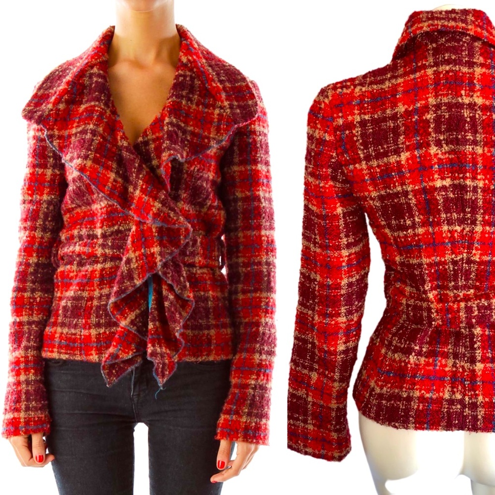 Anthropologie Tabitha Ruffle Tweed Wool Blend Plaid Jacket